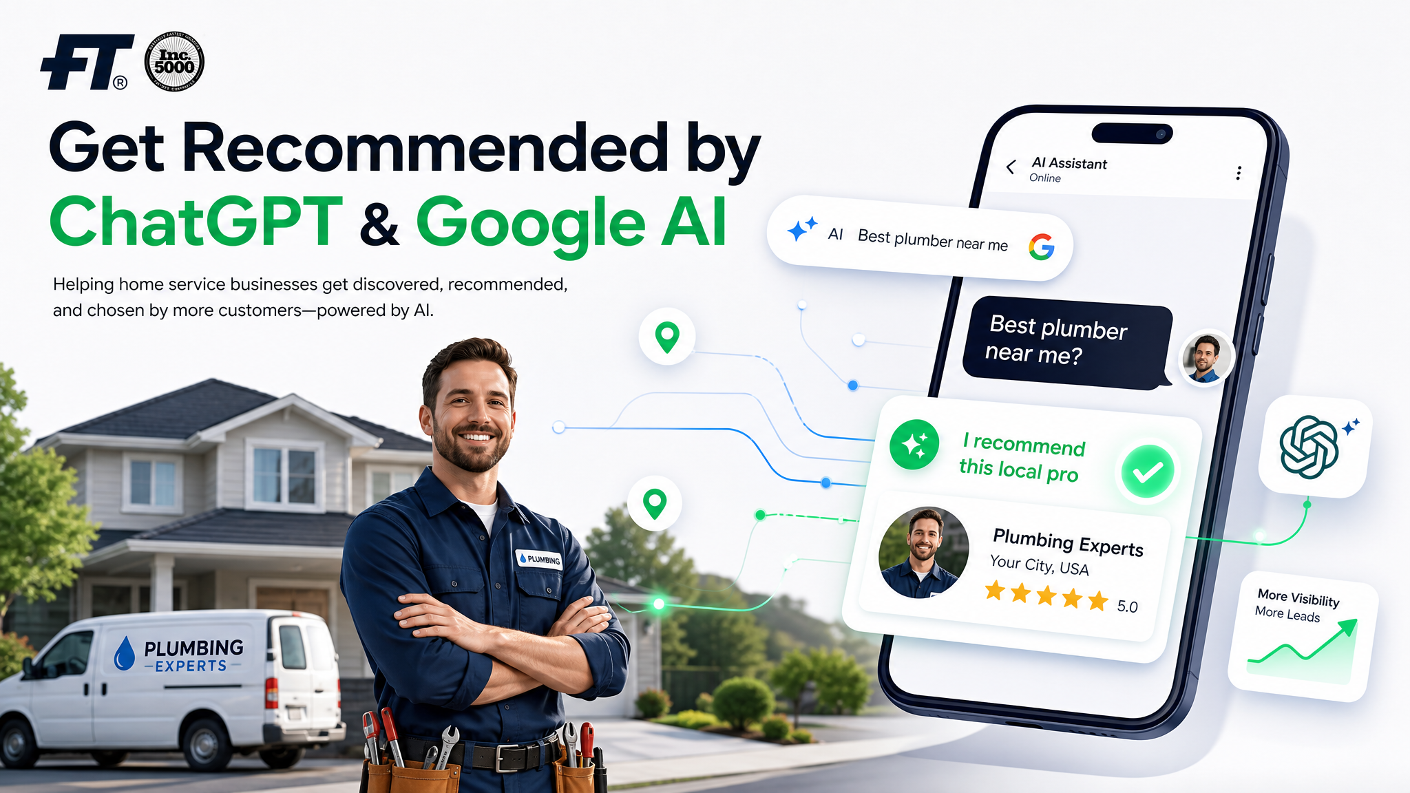 Smiling plumber with arms crossed in front of a house and work van, next to a phone showing an AI assistant recommending a local plumbing pro with a 5-star rating.