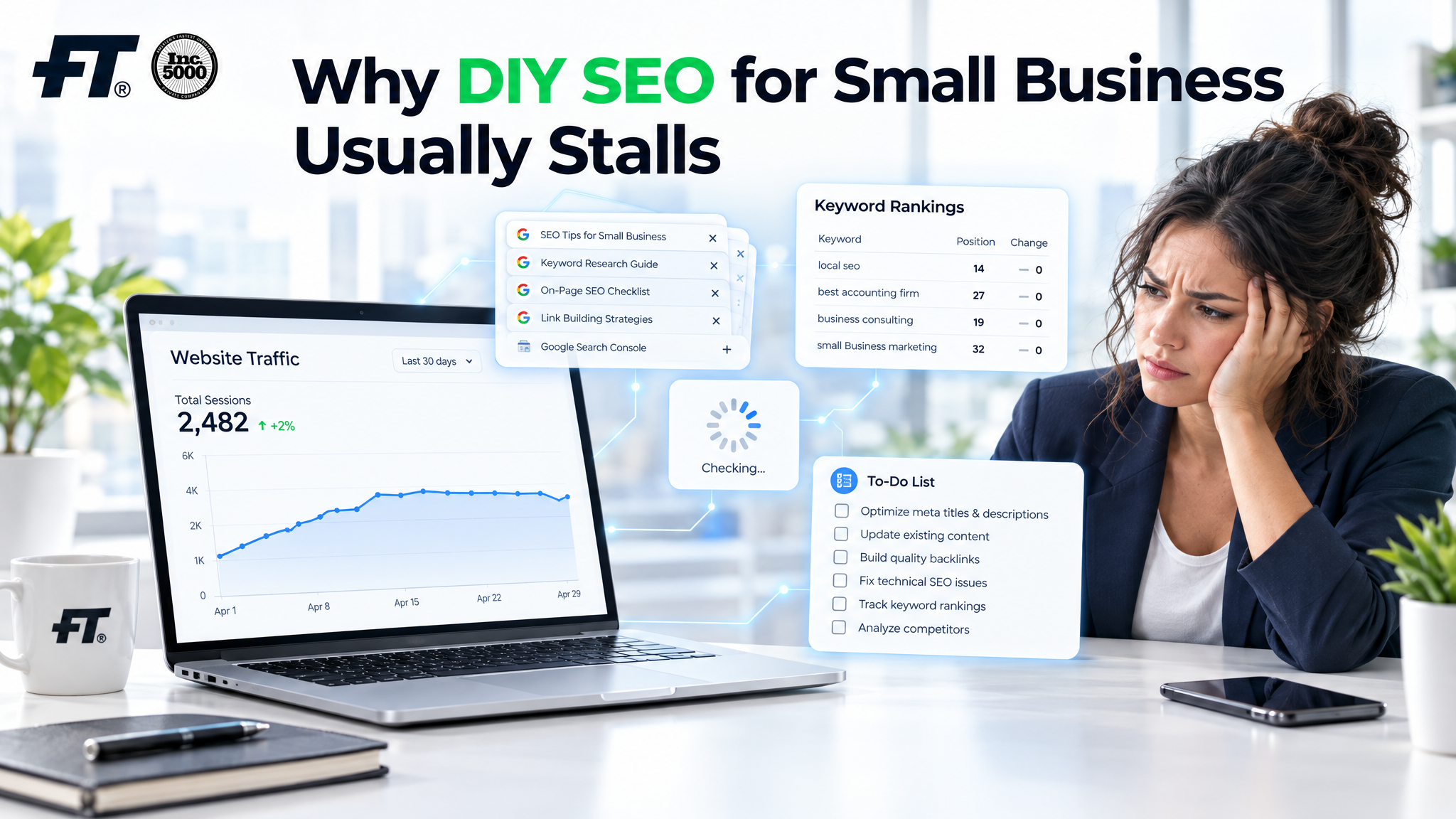 modern blog hero graphic illustrating the concept of DIY SEO stalling for small businesses.